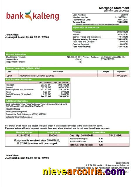 Indonesia Bank Kalteng mortgage statement Word and PDF template
